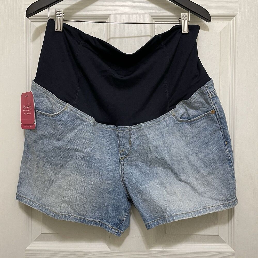 NEW Isabel Maternity Midi Shorts Light Wash‎ 4" Inseam Crossover Panel Size 12